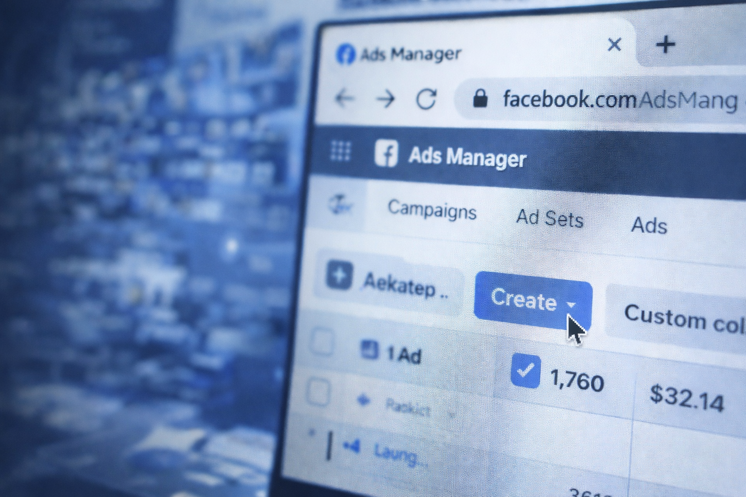 Tampilan dashboard Facebook Ads Manager dengan tombol Create untuk mengatur dan mengelola iklan digital