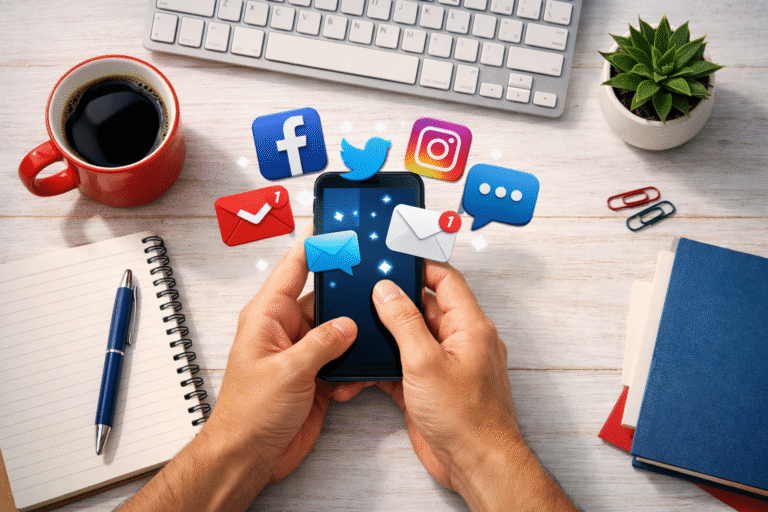 lustrasi aktivitas sosial media marketing dengan tangan memegang smartphone yang menampilkan ikon Facebook, Twitter, Instagram, email, dan chat di atas meja kerja modern dengan kopi, notebook, keyboard, dan tanaman hias.