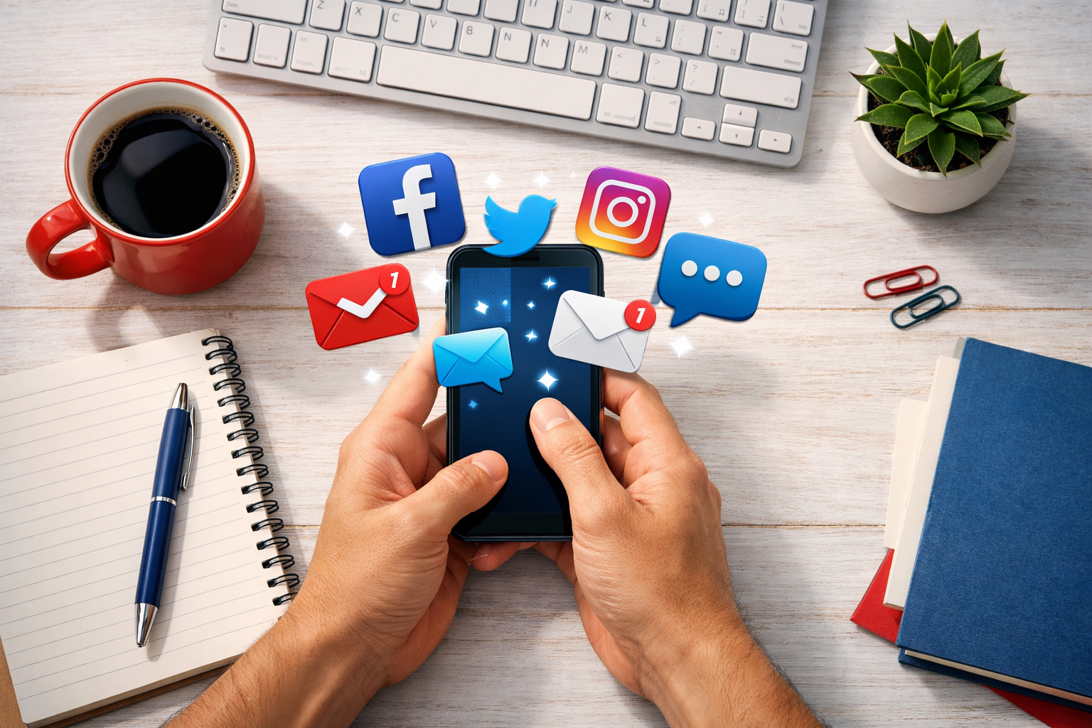lustrasi aktivitas sosial media marketing dengan tangan memegang smartphone yang menampilkan ikon Facebook, Twitter, Instagram, email, dan chat di atas meja kerja modern dengan kopi, notebook, keyboard, dan tanaman hias.