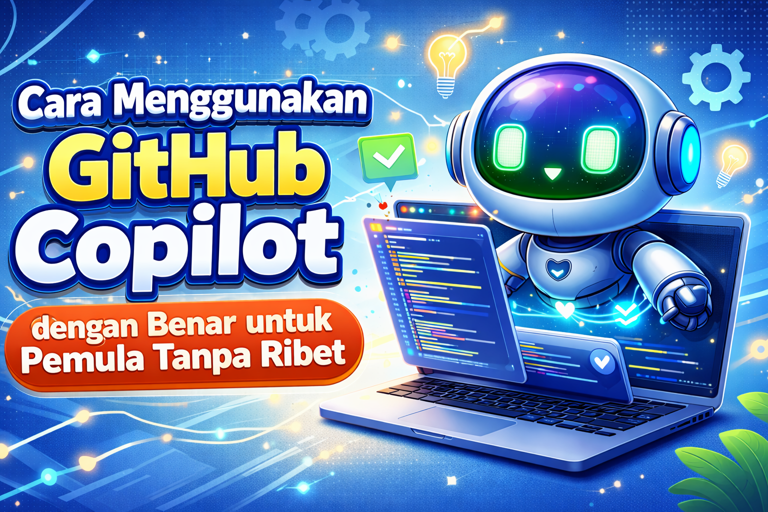 Ilustrasi asisten AI GitHub Copilot membantu programmer pemula belajar coding dengan tampilan kode di laptop