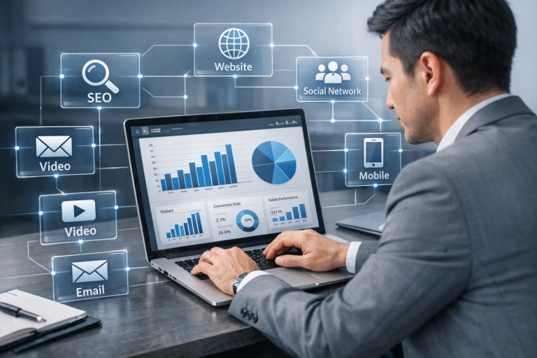 lustrasi profesional bisnis digital marketing menganalisis dashboard performa di laptop dengan grafik data, ikon SEO, website, media sosial, email, dan iklan digital yang saling terhubung, merepresentasikan strategi pemasaran digital modern di stasiundigital.co.id.