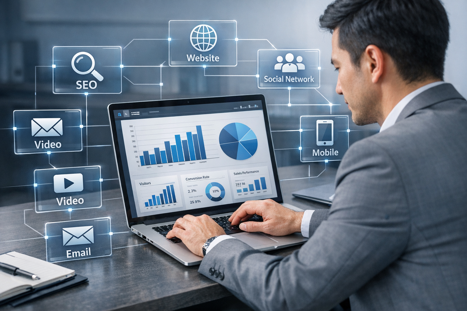 lustrasi profesional bisnis digital marketing menganalisis dashboard performa di laptop dengan grafik data, ikon SEO, website, media sosial, email, dan iklan digital yang saling terhubung, merepresentasikan strategi pemasaran digital modern di stasiundigital.co.id.