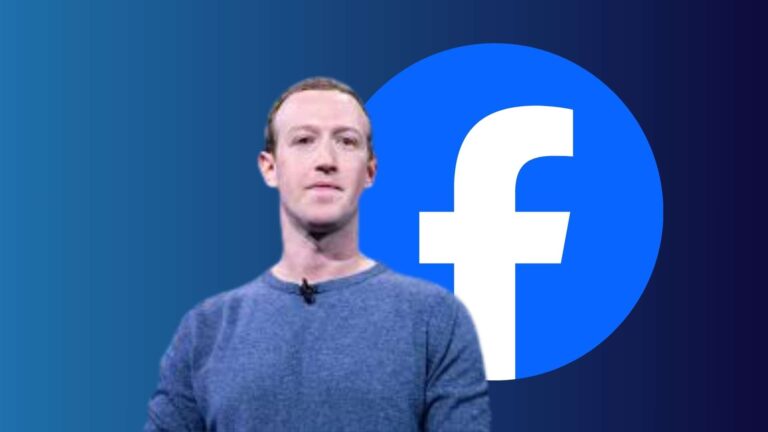 Mark Zuckerberg berdiri di depan logo Facebook dengan latar biru, menampilkan sosok pendiri media sosial global