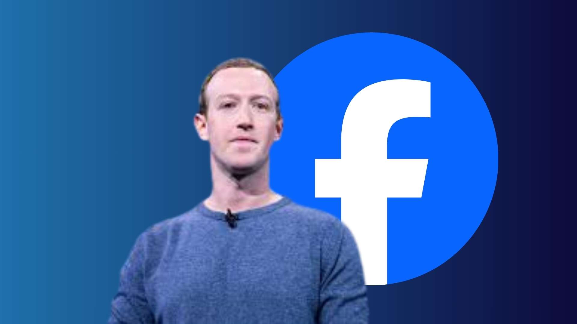 Mark Zuckerberg berdiri di depan logo Facebook dengan latar biru, menampilkan sosok pendiri media sosial global