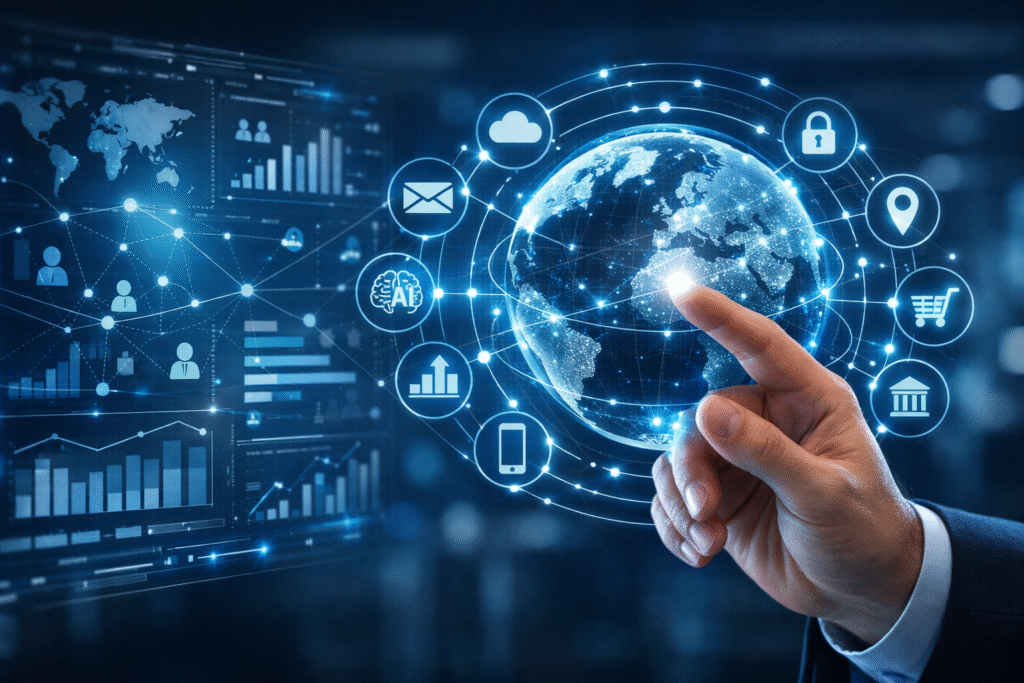 Tangan profesional bisnis menyentuh globe holografik dengan ikon AI, cloud computing, data analytics, dan keamanan digital sebagai visual transformasi digital dalam strategi digital marketing global.