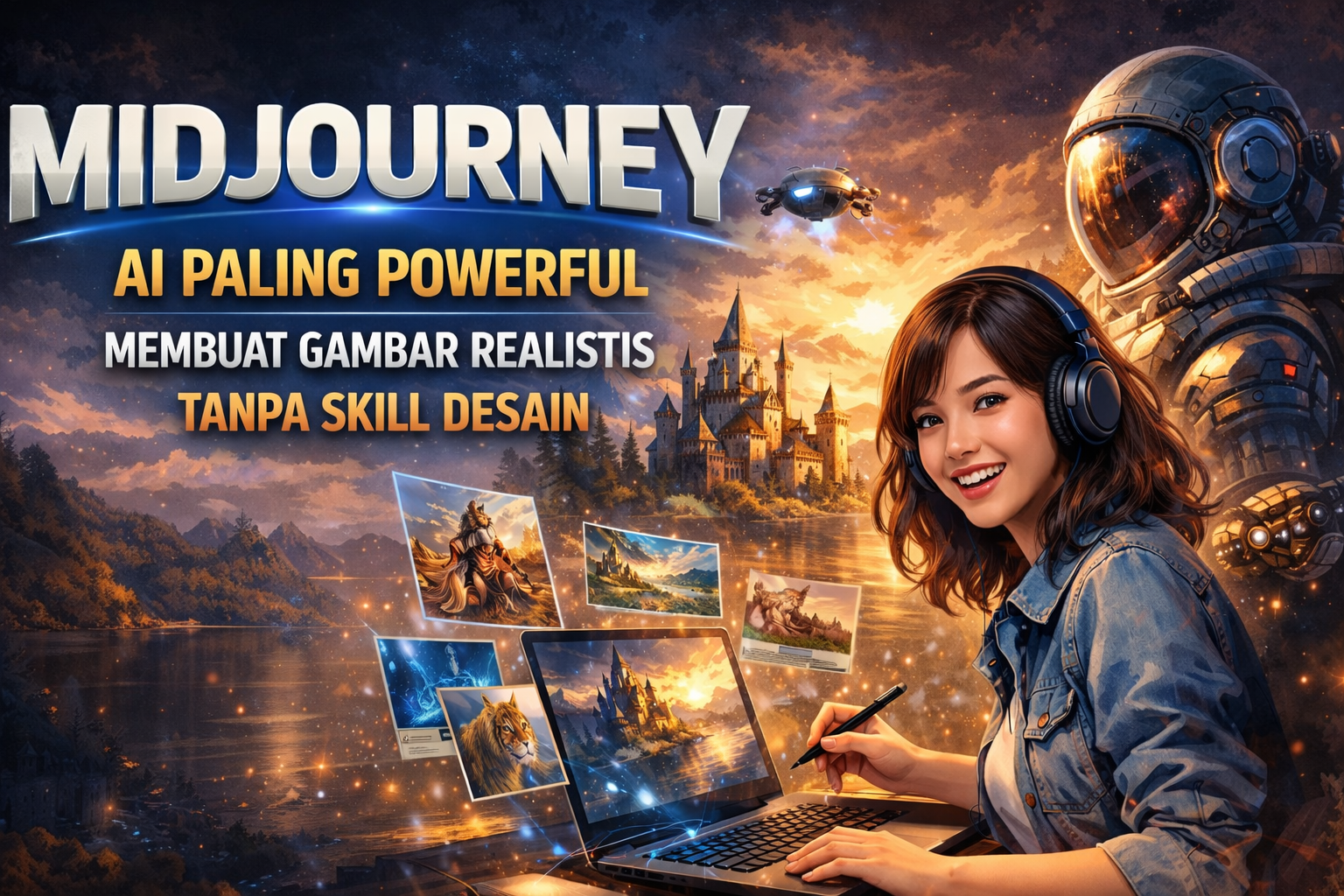 Ilustrasi Midjourney AI menampilkan kreator digital menggunakan laptop dengan visual gambar realistis hasil AI, menunjukkan Midjourney sebagai AI paling powerful untuk membuat gambar tanpa skill desain