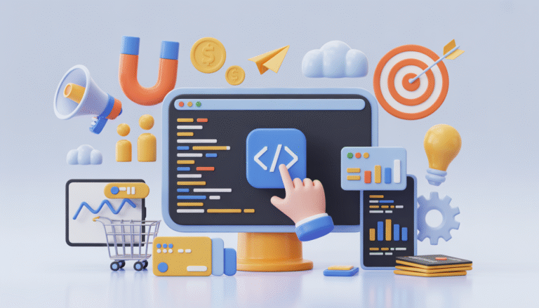 Ilustrasi cara memasang Facebook Pixel di website untuk iklan lebih tepat sasaran dengan dashboard analitik di layar monitor
