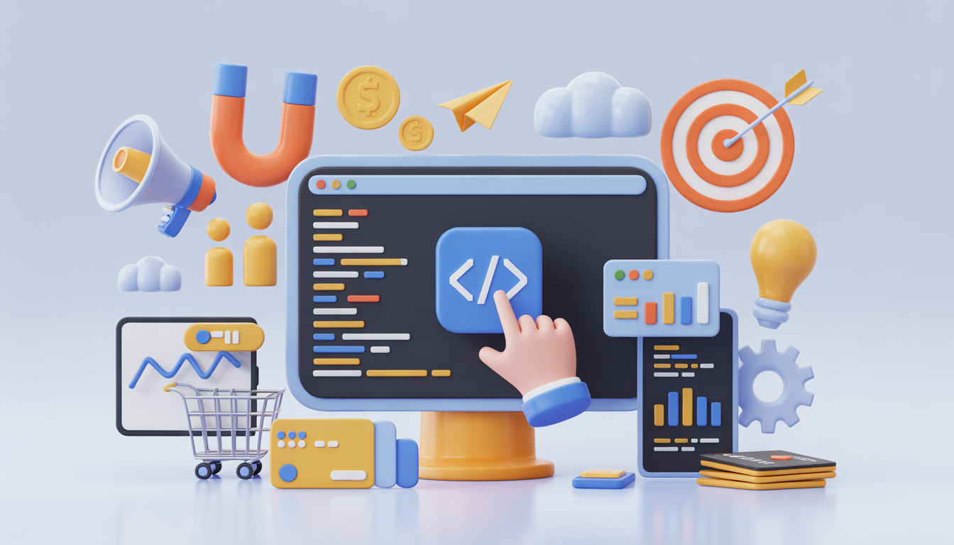 Ilustrasi cara memasang Facebook Pixel di website untuk iklan lebih tepat sasaran dengan dashboard analitik di layar monitor